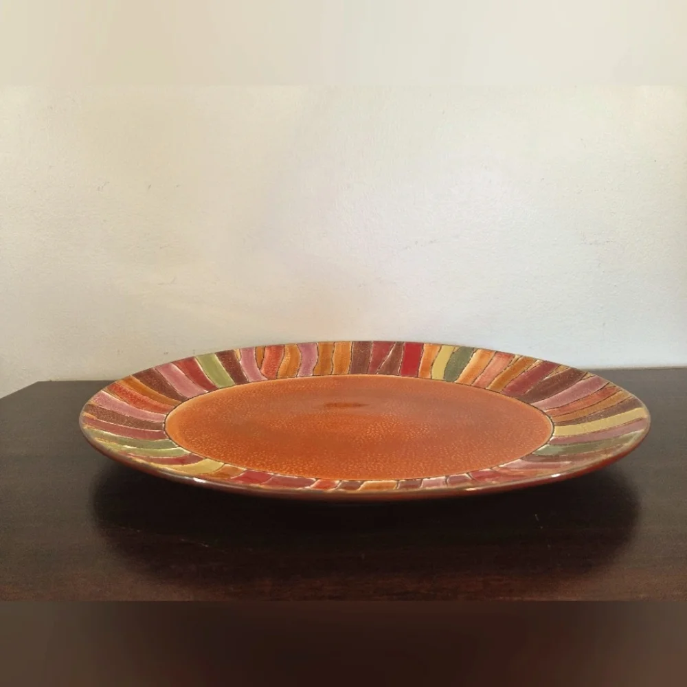 Pier 1 Imports Wavy Stripe Oval Serving Platter Handpainted Stoneware 16